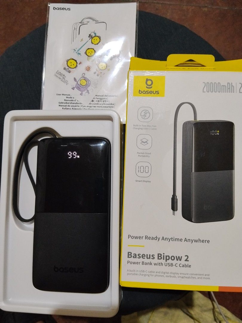 Baseus Bipow 2 20000mAh (Category: Batteries & Power Banks) located in Makati City. Submitted by acunamagbenta (Listing ID 1469934560, Image 3). Description: - Brand/Model: Baseus Bipow 2 20000mAh Power Bank - Color: Black - Key Features: Built-in two-way fast charging USB-C cable and smart digital battery percentage display - Portability: Pocket-sized and travel-friendly with a convenient carrying loop.