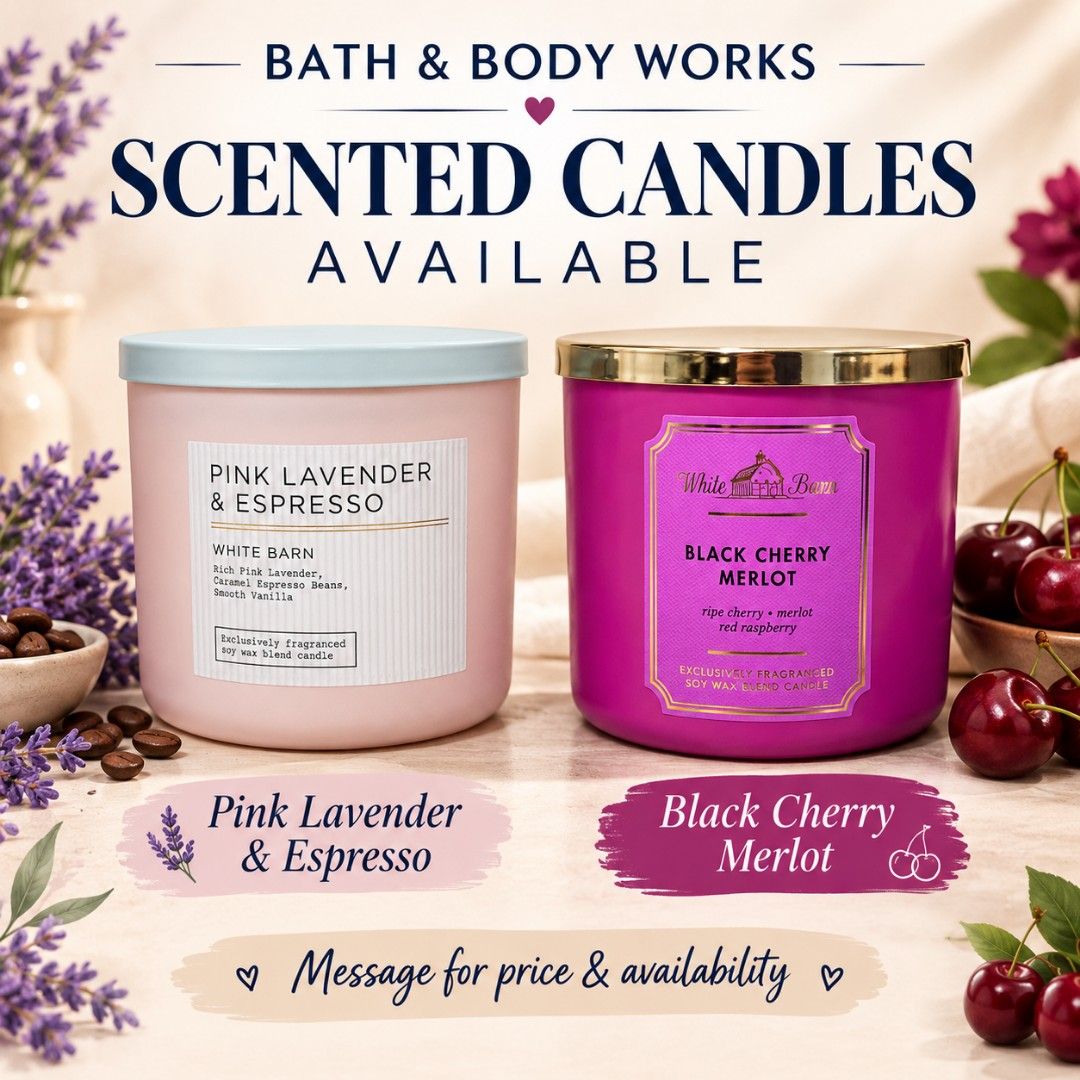 Bath & Body Works Scented Candle - Multiple Scents (Category: Home Fragrance) located in Quezon City. Submitted by cedie0503 (Listing ID 1469880492, Image 3). Description: 🕯️✨ BATH & BODY WORKS 3-WICK SCENTED CANDLE ✨🕯️ 🎁 ₱1,050 ONLY! Make every moment extra special with the wonderful scents of Bath & Body Works! Perfect for your home, relaxation time, or as a thoughtful gift for someone special. 💝 ✨ WHAT'S INCLUDED? ✔️ Original Bath & Body W