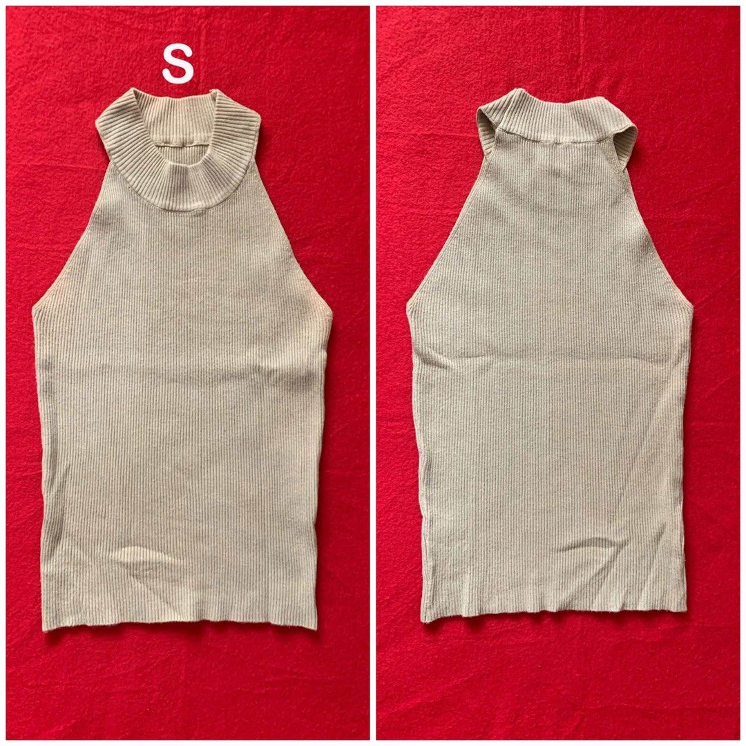 Beige ribbed halter neck sleeveless top size S (Category: Sleeveless) located in Pagadian. Submitted by cassiopeia.aphrodite458 (Listing ID 1469911033, Image 1). Description: - Color: Versatile neutral beige - Size: S (labeled near collar) - Material: Stretchy, body-hugging ribbed knit fabric - Design: Halter neckline with a chic mock neck collar and sleeveless cut - Styling: Pairs effortlessly with high-waisted jeans or skirts - Condition: Excel