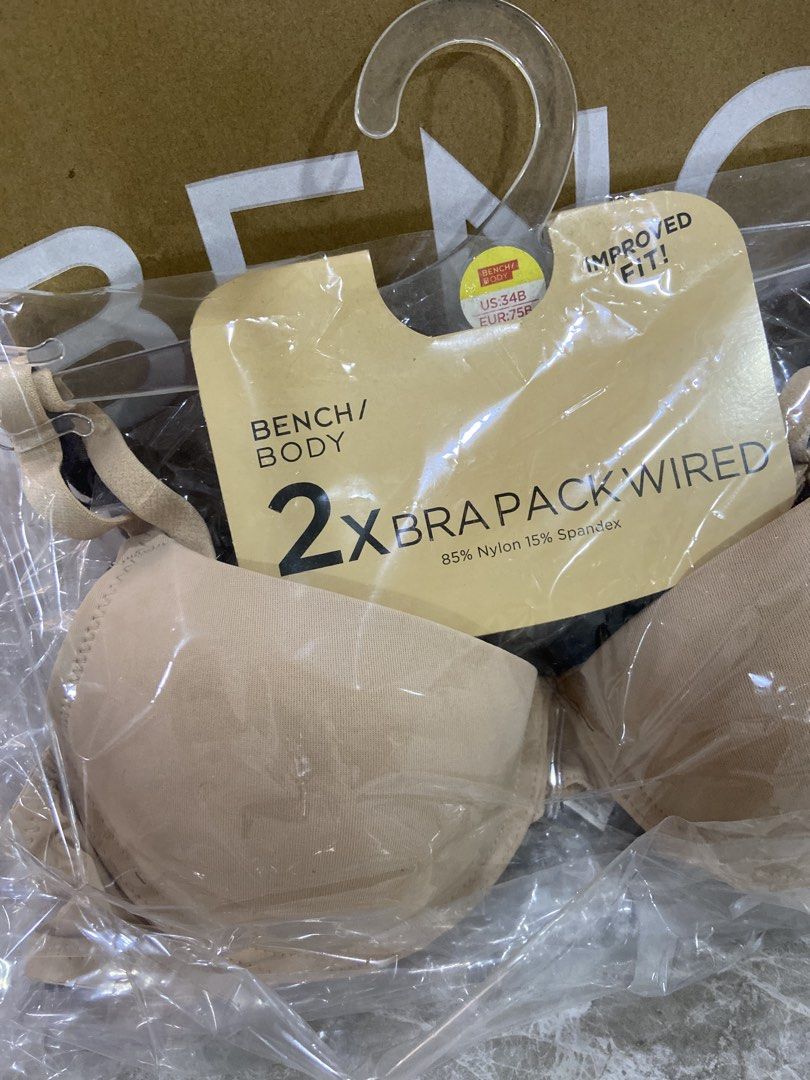 Bench/Body 2x Bra Pack Wired Nude 34B (Category: Undergarments & Loungewear) located in Manila. Submitted by sharry24 (Listing ID 1469827830, Image 2). Description: - Brand: Bench/Body - Item: Pack of 2 wired bras - Color: Nude - Size: US 34B / EUR 75B - Material: 85% nylon, 15% spandex (stretchy and comfortable) - Features: Improved fit design - Condition: Brand new, sealed in original clear plastic packaging with hanger attached.