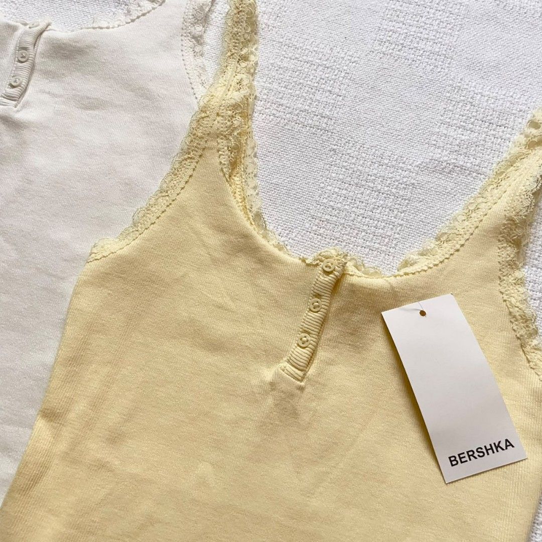 Bershka lace tank top (Category: Sleeveless) located in Rizal. Submitted by urkoala (Listing ID 1469883618, Image 2). Description: — all fits xs to semi m — white & yellow mine + color / get both for Php 620!.