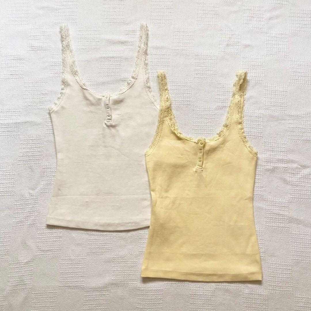 Bershka lace tank top (Category: Sleeveless) located in Rizal. Submitted by urkoala (Listing ID 1469883618, Image 1). Description: — all fits xs to semi m — white & yellow mine + color / get both for Php 620!.