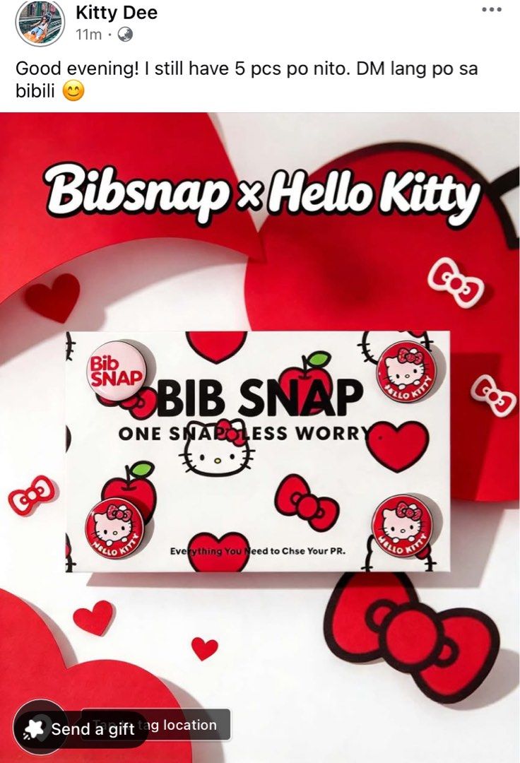 Bibsnap x Hello Kitty Bib Snap Set (Category: Character Goods) located in Makati City. Submitted by kittychelskiii (Listing ID 1469894707, Image 1). Description: - Authentic Bibsnap x Kitty collab - Cute white packaging with red hearts, apples, and iconic graphics - Includes collectible circular Kitty face magnetic clips/pins - Limited pieces available.