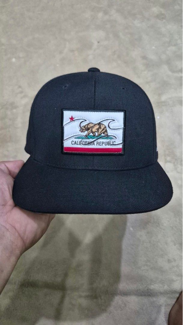 Billabong California Republic Snapback Cap Black (Category: Caps & Hats) located in General Santos City (Dadiangas). Submitted by zann_zee (Listing ID 1469903209, Image 1). Description: - Brand: Billabong - Color: Black - Design: California Republic front patch with side and back embroidery - Fit: Adjustable plastic snap closure - Material: 80% acrylic, 20% wool - Condition: Clean inside and out, ready to wear.
