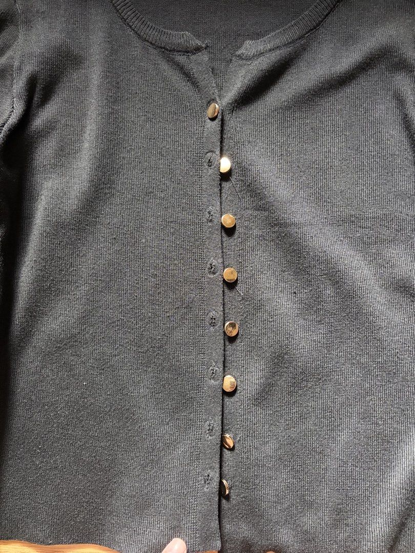 Black Cardigan (Category: Longsleeves) located in San Pedro. Submitted by nikkiabc.777 (Listing ID 1469763176, Image 2). Description: Black Button Down Cardigan Used; no flaws Black na black pa Stretchy Can fit small to medium Buttons are working.
