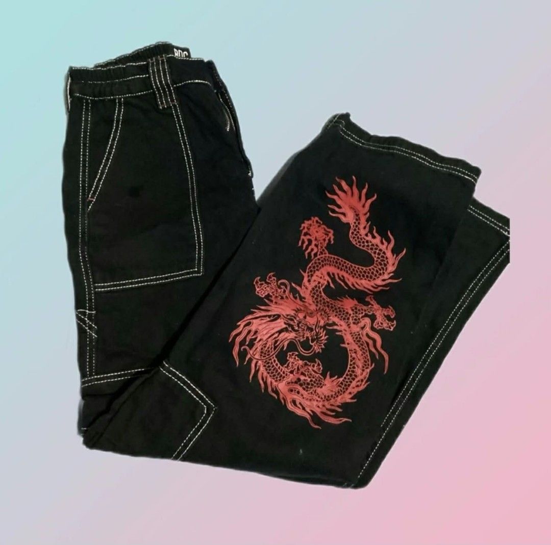 Black Cargo Pants with Red Dragon Print (Category: Jeans) located in Paranaque City. Submitted by calm_youngstore7 (Listing ID 1469932900, Image 3). Description: - Style: Black cargo pants with a relaxed straight-leg, high-waist fit - Details: Eye-catching embroidered red dragon graphic on the lower left leg and stylish contrast white stitching - Storage: Deep back pockets and practical utility side pockets - Material: Sturdy denim or heavy cotto
