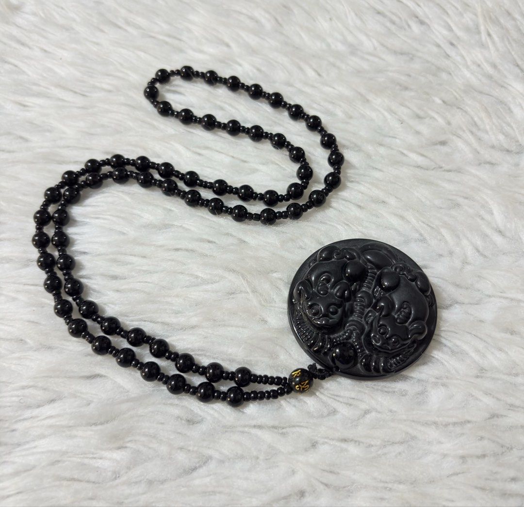 Black obsidian double Pixiu pendant necklace (Category: Necklaces) located in Paranaque City. Submitted by dalle_closet (Listing ID 1469787745, Image 3). Description: length: 15 inches including pendant.