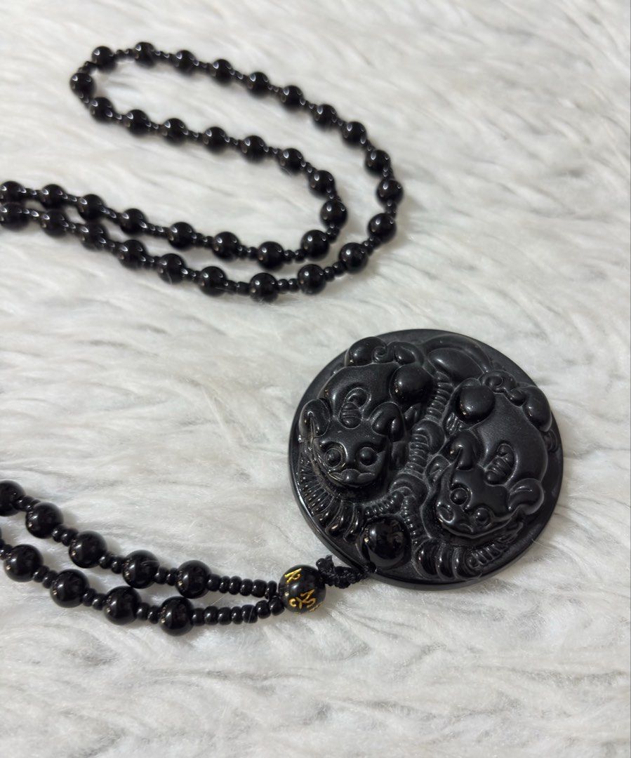 Black obsidian double Pixiu pendant necklace (Category: Necklaces) located in Paranaque City. Submitted by dalle_closet (Listing ID 1469787745, Image 1). Description: length: 15 inches including pendant.