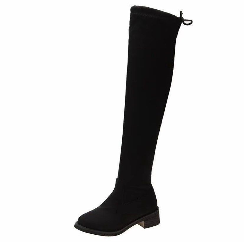 Black Over-the-Knee Boots with Block Heel (Category: Boots) located in Quezon City. Submitted by yogi180 (Listing ID 1469909307, Image 1). Description: - Color/Material: Black with a soft suede-like texture - Heel: Comfortable, low chunky heel ideal for walking - Fit: Snug stretch shaft that stays up securely, complete with a back drawstring tie - Toe: Classic round toe design - Condition: Worn just once, practically spotless and in pristine cond
