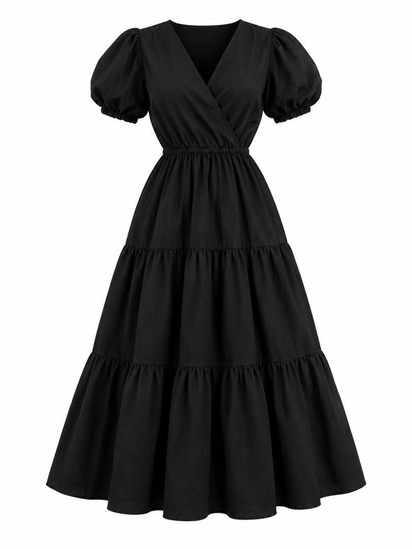 Black Puff-Sleeve Tiered Wrap Dress (Category: Dresses) located in Batangas. Submitted by claverialyka (Listing ID 1469846049, Image 1). Description: Color: Black Style: Wrap Dress Sleeves: Short Puff Sleeves Neckline: V-Neck Waist: Elastic Waist Skirt Design: Tiered with Gathered Details Length: Midi or Maxi (depending on how it falls when worn) Fit: Cinched Waist with Flared Skirt.