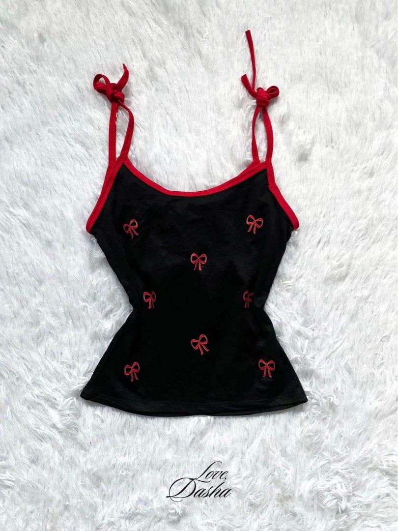 Black Red Bow Camisole Tie Strap Top (Category: Sleeveless) located in Manila. Submitted by lovedasha.ph (Listing ID 1469826650, Image 1). Description: • Payment First • All items are on-hand & brandnew MOD: ꩜ Pick up and Meet up (Sunshime Ville, Sm Trece & LPU) ꩜ Lalamove & JnT (Self Booking) ⚲ Location: Sunshine Ville, Cabuco, Trece Martires City, Cavite, PH..