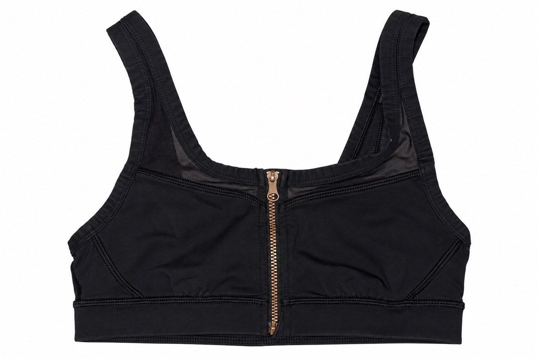 Lululemon Black Sports Bra Front Zip Mesh Panels (Category: Activewear) located in Marikina City. Submitted by ziaziaaa (Listing ID 1469883393, Image 1). Description: - Color: Solid black - Closure: Front zipper with chic rose gold hardware - Design: Breathable mesh panels on the upper chest and straps - Support: Wide ribbed underband for added stability - Style: Racerback construction for full range of motion.