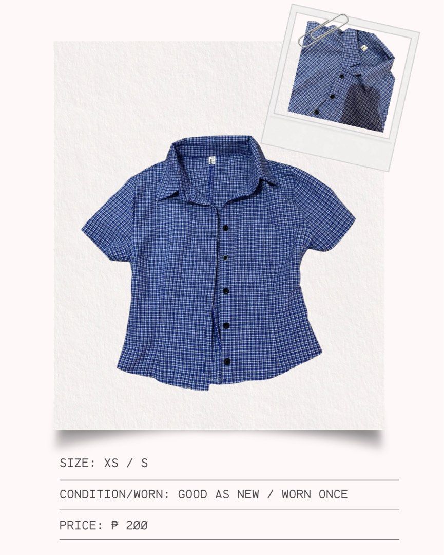 blue checkered button-up polo (Category: Others Tops) located in Mandaluyong City. Submitted by rainiiah (Listing ID 1469833780, Image 2). Description: size xs/s good as new (used once).