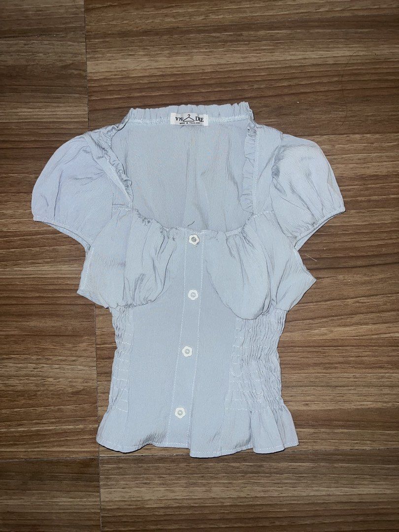 Blue milkmaid blouse (Category: Blouses) located in Manila. Submitted by vypsinosis (Listing ID 1469845360, Image 1). Description: beautiful fit talaga, perfect for casual outings, a day in a cafe, etc..