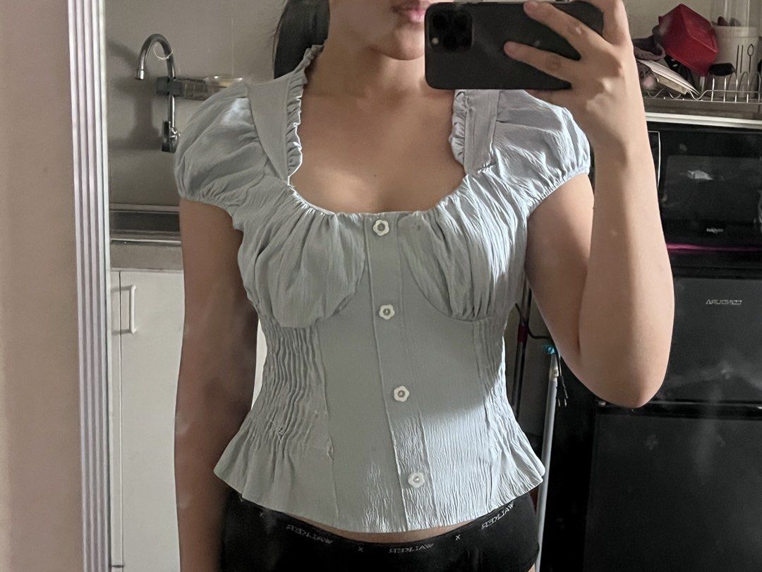 Blue milkmaid blouse (Category: Blouses) located in Manila. Submitted by vypsinosis (Listing ID 1469845360, Image 2). Description: beautiful fit talaga, perfect for casual outings, a day in a cafe, etc..