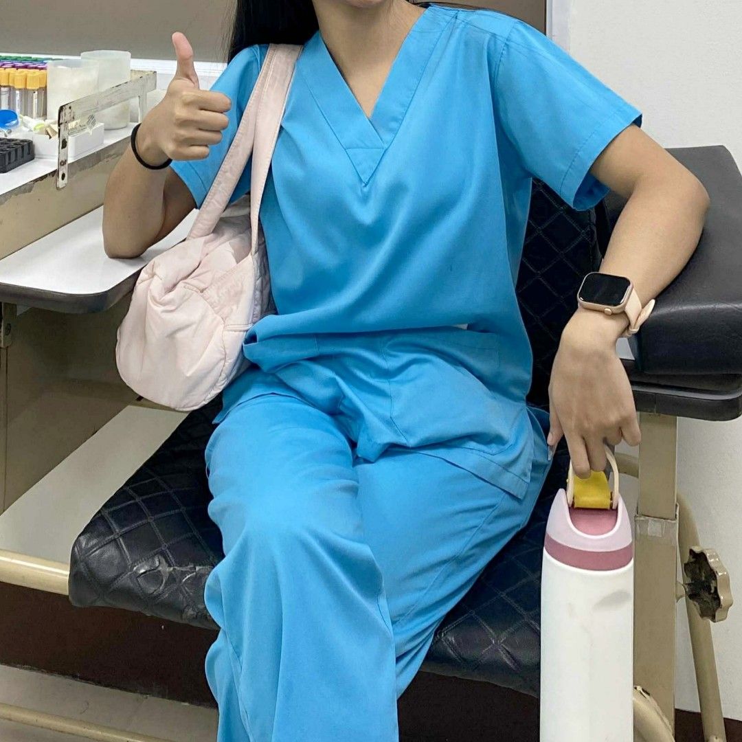 Blue Scrub Set | V-Neck Top & Drawstring Pants XS to Small (Category: Sets or Coordinates) located in Valenzuela. Submitted by 0003c4 (Listing ID 1469858819, Image 1). Description: fits xs to small, got it from bambang has a small spot/stain on the pants — see photo for reference location Valenzuela or Malabon mod lalamove or jnt.