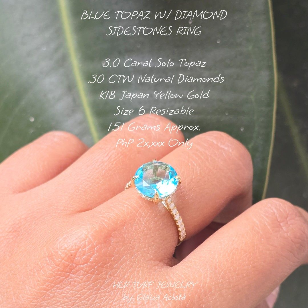 BLUE TOPAZ W/ DIAMOND SIDESTONES SOLITAIRE RING (Category: Rings) located in Quezon City. Submitted by her_turf (Listing ID 1469888784, Image 1). Description: - Metal: K18 Japan Yellow Gold (Weight: ~1.51 grams) - Center Stone: 3.0 Carat Blue Topaz #luxury - Sidestones: 0.30 ctwt Natural Diamonds - Ring Size: Size 6 (Resizing available) - Shipping: Free LBC with insurance, Lalamove, or Grab motor available (No rush shipping) - Meet-ups: Camella B