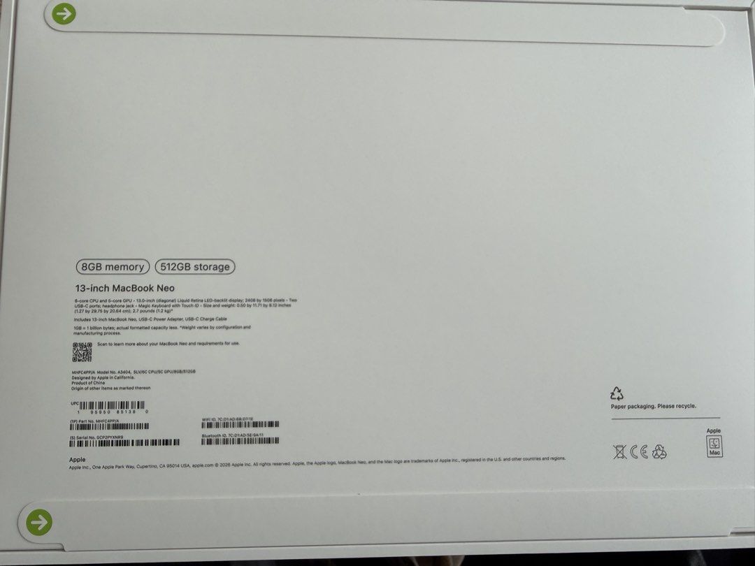 Bnew MacBook Neo , Silver (Category: Laptops & Notebooks) located in Taguig. Submitted by scalpeljm (Listing ID 1469886815, Image 2). Description: 8 G Ram 512 GB Silver Brand new , sealed Raffle won Abenson’s price : P 54,990 Power Mac Center : P 56,990 .