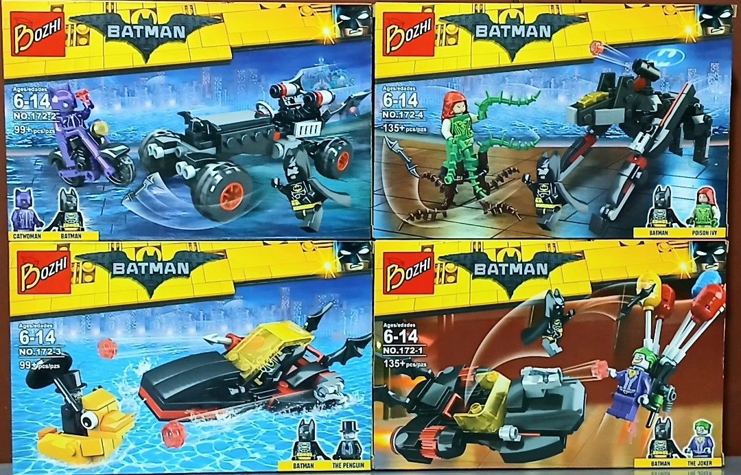 Bozhi Batman Building Blocks Set NO.172 (Category: Lego & Building Sets) located in Manila. Submitted by brunobeaut55620 (Listing ID 1469873680, Image 1). Description: - Brand: Bozhi Batman 4-in-1 Building Blocks Set. Sold as a set of 4 boxes. - Includes 8 Minifigures: Batman, The Joker, Catwoman, The Penguin, and Poison Ivy - Build exciting vehicles, boats, and action figures 4 in 1 Box set. Build 4 individual Batman themed vehicles or combine t