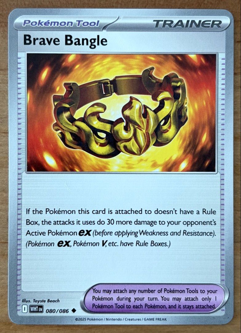 Brave Bangle | Pokemon Cards ~ White Flare (Category: Raw Singles) located in Makati City. Submitted by cardlab (Listing ID 1469821484, Image 1). Description: Items are 💯 authentic/original/legit. About The Card: •Language: EN • Number: 080/086 • Uncommon • Normal FOR: • Cards ₱99 and below with Card Sleeves • Cards ₱100 and up with Card Sleeves and Used Toploader • ₱10 for Bnew Tops Packaging (If Shipping): ✔️ Plastic cover ✔️ Cardboard ✔️ Bubb