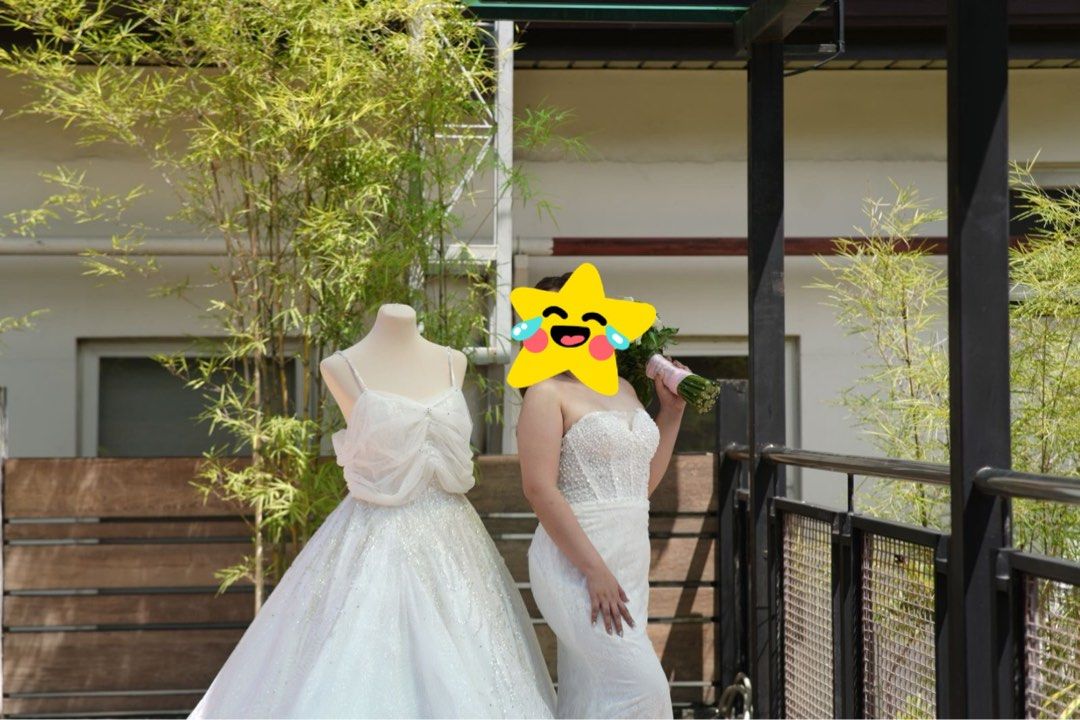 Bridal Gown (Category: Evening dresses & gowns) located in Quezon City. Submitted by lalengocmp (Listing ID 1469804923, Image 2). Description: Can fit to small-large Can wear as with spaghetti strap With detachable sleeves Long Trail Can wear in zipper or tie With petticoat With accessories .
