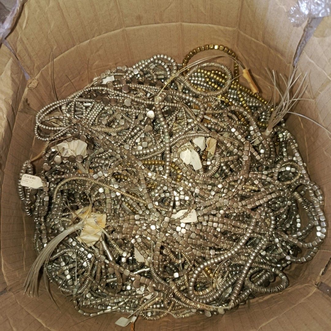Bulk Lot Metal Beads Assorted Shapes (Category: Necklaces) located in Bulacan. Submitted by snumxxx (Listing ID 1469801748, Image 1). Description: - Massive bulk bundle of metallic bead strands in silver and gold finishes - Includes a variety of shapes: heart beads, cube blocks, round beads, and rectangles - Mixed lengths and styles for endless design possibilities - Perfect for DIY jewelry making, crafting projects, or resale - Selling everythin