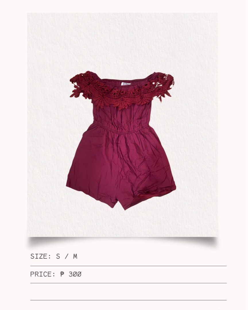 burgundy off-shoulder jumpsuit (Category: Jumpsuits) located in Mandaluyong City. Submitted by rainiiah (Listing ID 1469832829, Image 1). Description: size xs/s no flaws/issues.