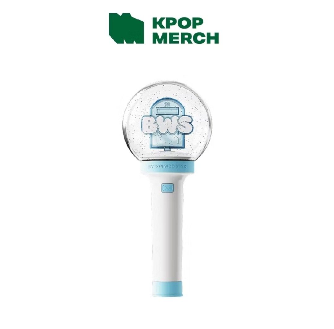 Byeon Woo Seok BWS Official Light Stick (Category: K-Wave Merchandise) located in San Mateo. Submitted by reyshel08 (Listing ID 1469849849, Image 1). Description: - Official Byeon Woo Seok merchandise light stick - Features BWS logo in clear dome with light blue handle and button - Tested and working properly - Includes original packaging box, wrist strap, user manual, and photocard - Must-have for fans and collectors.