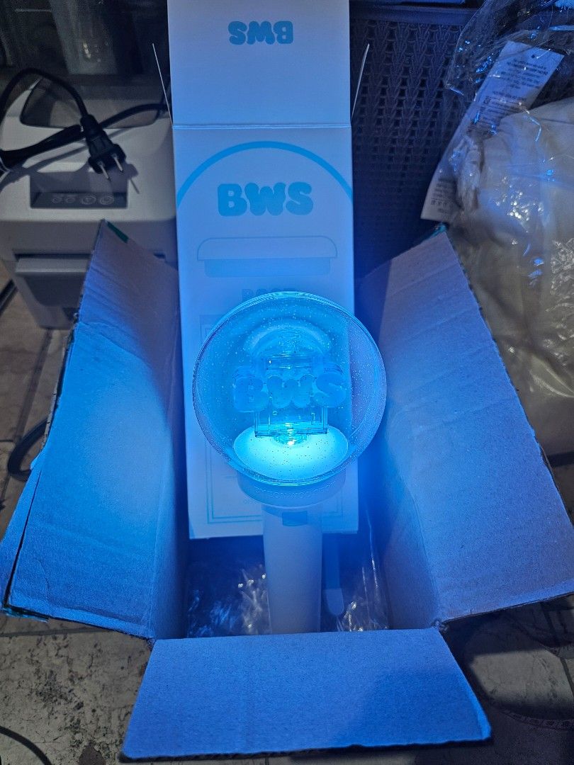 Byeon Woo Seok BWS Official Light Stick (Category: K-Wave Merchandise) located in San Mateo. Submitted by reyshel08 (Listing ID 1469849849, Image 2). Description: - Official Byeon Woo Seok merchandise light stick - Features BWS logo in clear dome with light blue handle and button - Tested and working properly - Includes original packaging box, wrist strap, user manual, and photocard - Must-have for fans and collectors.