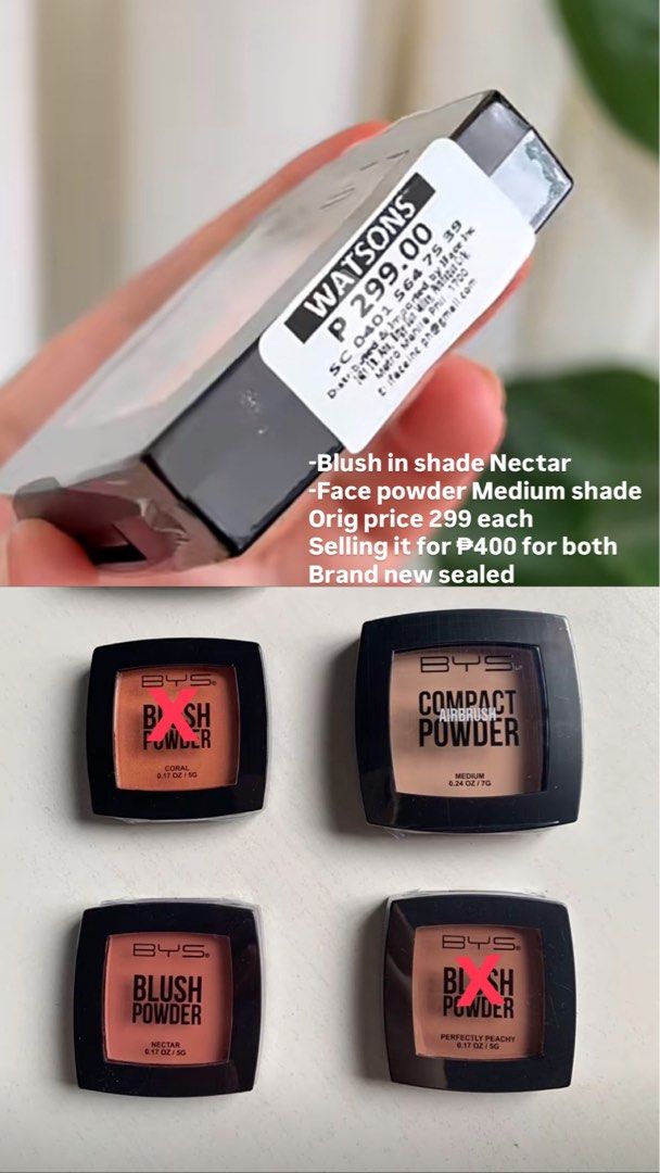 BYS Blush Powder Nectar and Compact Airbrush Powder Medium (Category: Makeup) located in Quezon City. Submitted by Solanawear (Listing ID 1469847764, Image 1). Description: - Brand: BYS - Items included: Blush Powder (Shade: Nectar, 0.17 oz) and Compact Airbrush Powder (Shade: Medium, 0.24 oz) - Condition: Brand new, unopened, and still sealed in plastic - Source: Bought from Watsons (Original price: ₱299 each / ₱598 total) - Bundle Price: Only ₱