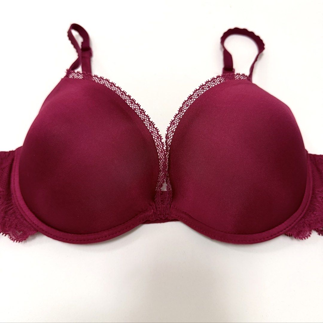 CALVIN KLEIN Classic Romantic Demi Bra [34C] (Category: Undergarments & Loungewear) located in Malabon City. Submitted by k_intimates (Listing ID 1469932951, Image 3). Description: Details: • Size 34C / wired / regular padding • Check last photo for the flaw (there’s some dirt also on the front) • Calvin Klein Classic Romantic Demi Bra in wine red color features a plunge center front, molded cups and delicate lace trim along the edges of the cups