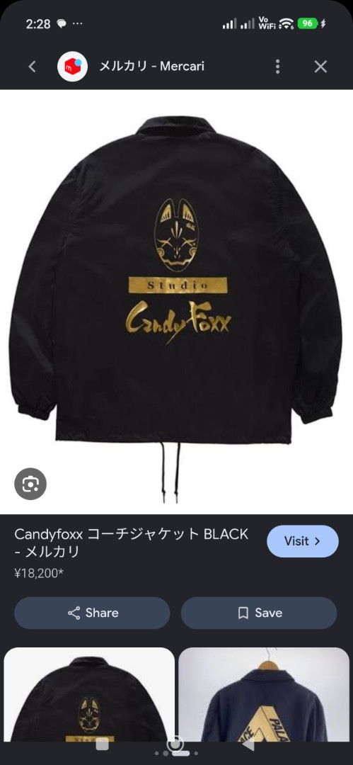 Candy Foxx Studio Nylon Coach Jacket Navy Size L (Category: Coats, Jackets and Outerwear) located in Bulacan. Submitted by THA_D_THRIFT (Listing ID 1469857470, Image 2). Description: - Brand: Candy Foxx Studio - Color: Navy blue - Size: L - Material: Nylon with polyester lining - Features: Snap button closure, drawstring hem - Design: Gold foil kitsune fox mask graphic on chest and back - Condition: Clean condition with tags attached GOOD AS NEW 