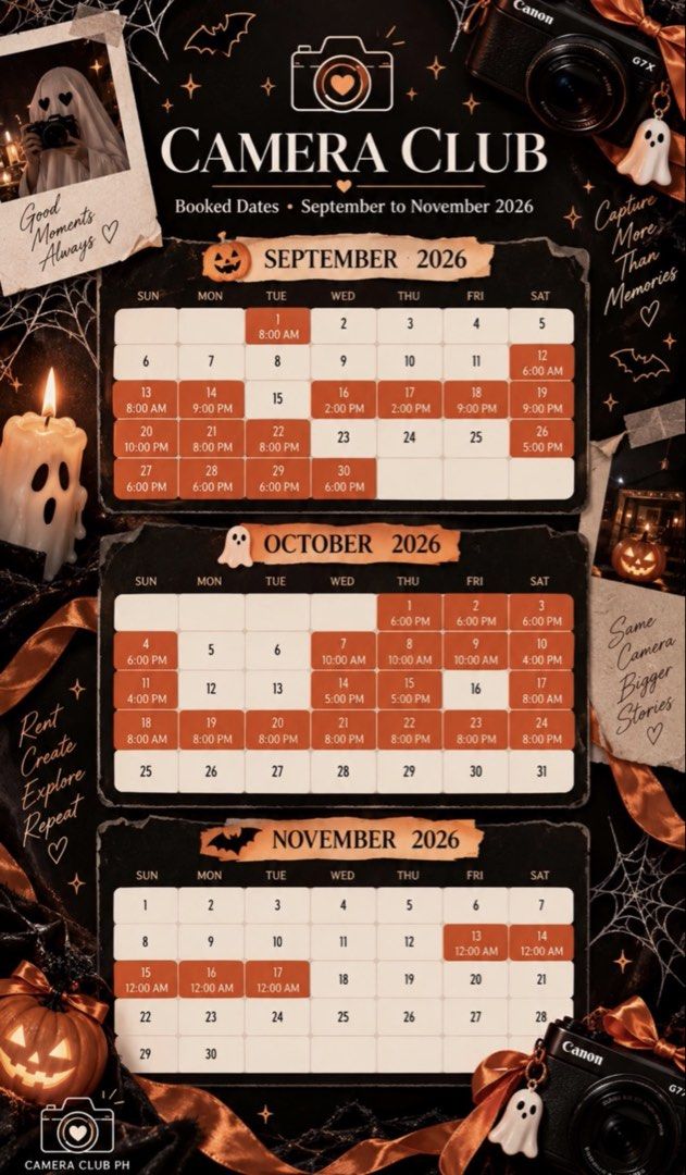 CANON G7X MARK II FOR RENT (Category: Cameras) located in Manila. Submitted by sonnyyana (Listing ID 1469890462, Image 2). Description: - Halloween Flash Sale: Oct 24 - Nov 2, 2026 - Rental Rate: P350 per 24 hours - Location: Meycauayan, Bulacan - Package includes: Camera body, charger, SD card, 2 batteries, and hard case - Check calendar for availability and slot bookings - #CameraClubPH.