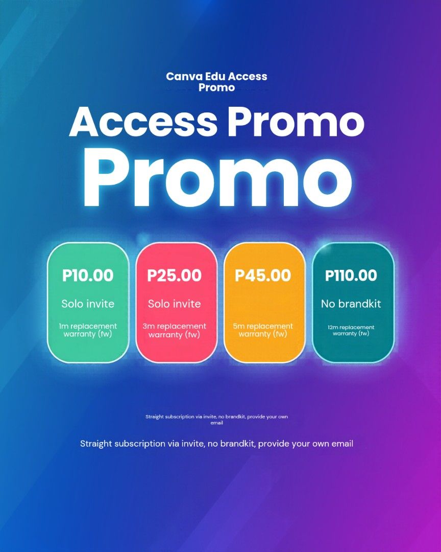 CANVA 12M (Category: Software) located in Polanco. Submitted by jennyceleg75295 (Listing ID 1469838457, Image 1). Description: - Affordable Canva Edu Access starting at P10.00 - Flexible subscription plans: 1 month, 3 months, 5 months, and 12 months with replacement warranty - Solo invite format via your own provided email address - Direct subscription (Please note: no brand kit included) - Fast processing and 100% reliable access.