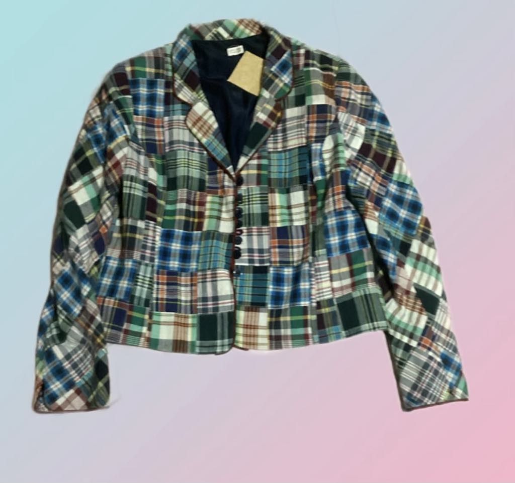Caroline Charles Tartan Patchwork Blazer Jacket Multi-Color (Category: Coats, Jackets and Outerwear) located in Paranaque City. Submitted by calm_youngstore7 (Listing ID 1469768859, Image 1). Description: Caroline Charles waist jacket - Style: Short tailored crop blazer with button-up front and lapel collar - Design: Unique multi-color tartan patchwork using heavy plaid fabrics - Colors: A stylish mix of blue, green, white, and brown tones - Deta
