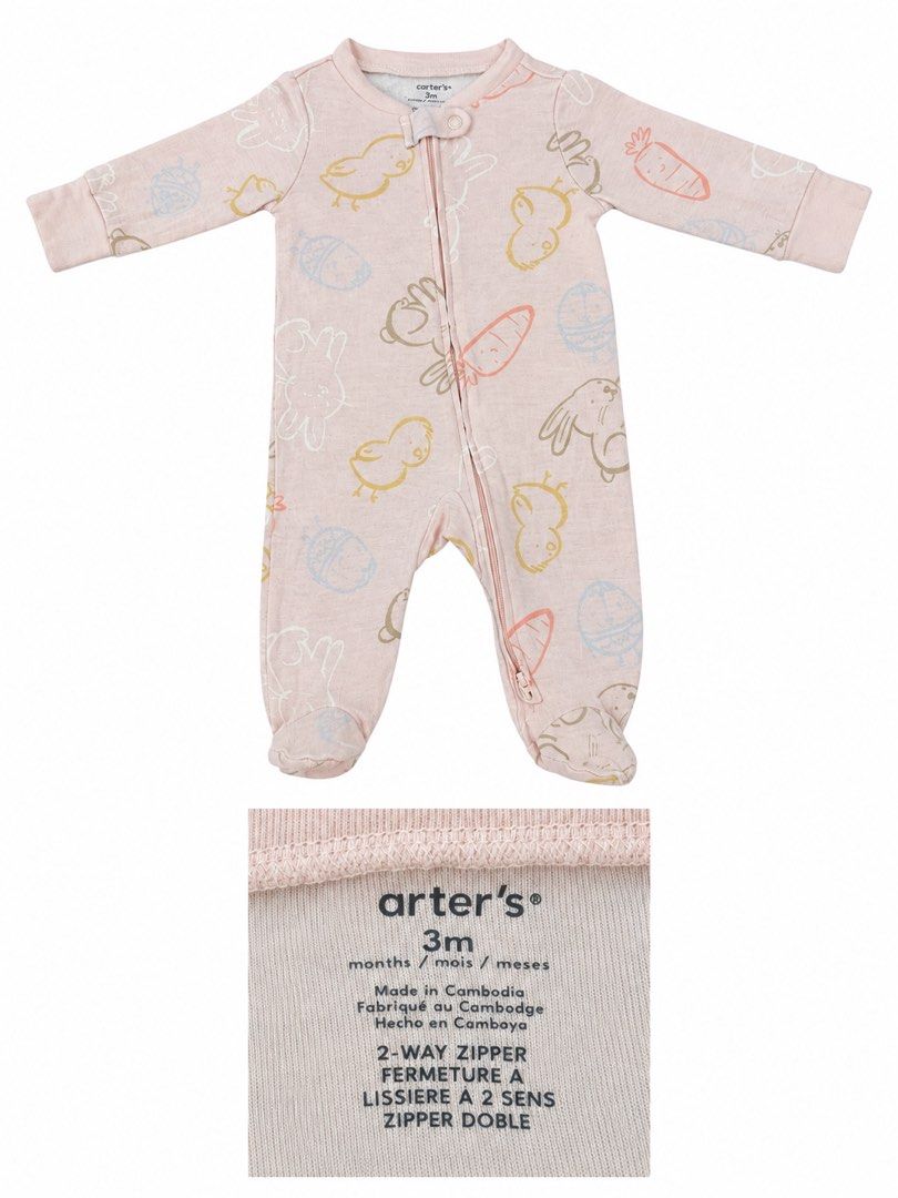 Carter’s Onesie (2 way zipper, 3M) (Category: Babies & Kids Fashion) located in Angeles City. Submitted by aeapreloved (Listing ID 1469934249, Image 1). Description: 🌸 Carter’s Baby Sleeper – 3M 💗 Light pink with cute pastel prints ✨ Built-in mittens & foot covers ✨ 2-way zipper for easy diaper changes 📌 Flaw: Worn lettering on tag. .