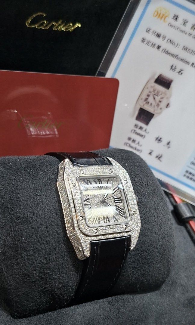 Cartier Santos 100 Diamond Bezel Medium (Category: Luxury Watches) located in Manila. Submitted by jdgadgets306152 (Listing ID 1469805539, Image 1). Description: Cartier Santos 100 Diamond Bezel Medium All Natural Diamonds Card, Box and Booklet with authentication .