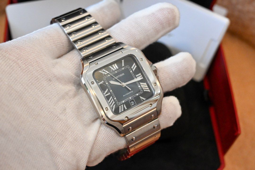 CARTIER SANTOS — LARGE BLUE DIAL (Category: Luxury Watches) located in Santa Rosa. Submitted by fourthhourtimepieces (Listing ID 1469785358, Image 3). Description: CARTIER SANTOS DE CARTIER — LARGE BLUE DIAL The signature Santos design with a graduated blue dial and stainless-steel bracelet. • Year: 2025 • Large — 39.8mm case width • Automatic movement • Blue Roman-numeral dial • Stainless-steel case and bracelet • Sapphire crystal • Date display