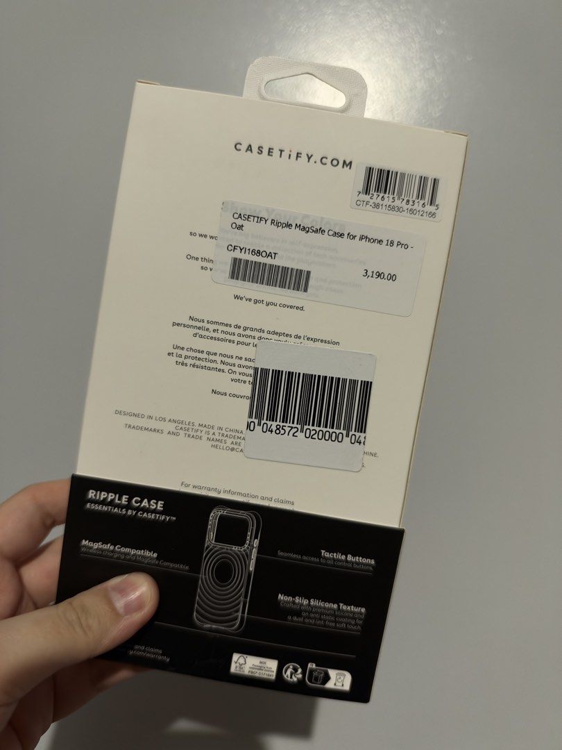 Casetify Ripple Case for iPhone 18 Pro / 17 Pro (Category: Cases & Sleeves) located in Quezon City. Submitted by aparadornilanda (Listing ID 1469883463, Image 2). Description: Color: OAT Used less than a week Price is slightly negotiable SRP: 3,190 pesos RFS: prefers clear case because my phone is burgundy No issues Bought 10/16/2026 @ PowerMac Eastwood Mode of payment: BDO / GCash SF and mode of shipping: c/o buyer Same day delivery.