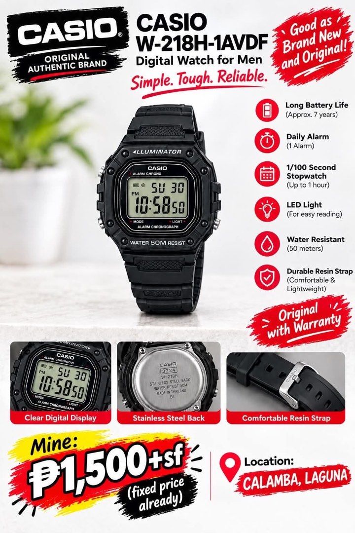 Casio W-218H-1AVDF Digital Watch for Men (Category: Men's Watches) located in Calamba. Submitted by wildcrystal.d61f6a (Listing ID 1469872462, Image 1). Description: - Condition: Good as brand new with warranty included - Battery Life: Approx. 7 years of reliable power - Features: Daily alarm, 1/100 second stopwatch (up to 1 hr), and built-in LED light - Water Resistance: Up to 50 meters - Build: Tough resin strap, stainless steel back, lightweig