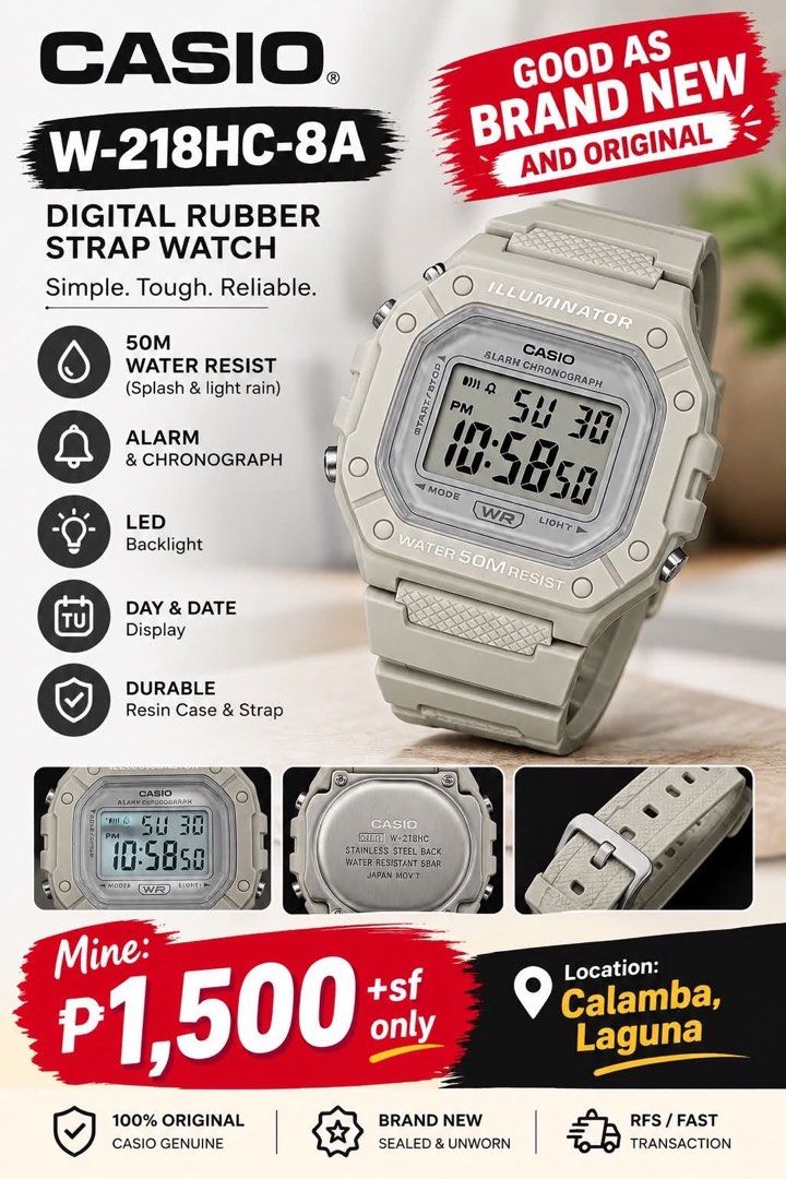 Casio W-218HC-8A Digital Rubber Strap Watch (Category: Women's Watches) located in Calamba. Submitted by wildcrystal.d61f6a (Listing ID 1469872547, Image 1). Description: - 100% Original Casio Digital Watch (Model: W-218HC-8A) - Brand new, sealed, and unworn - Chic and versatile beige resin case and strap - 50M Water Resistance for everyday wear - Built-in alarm, chronograph (stopwatch), and LED backlight - Clear day and date display screen - Dur