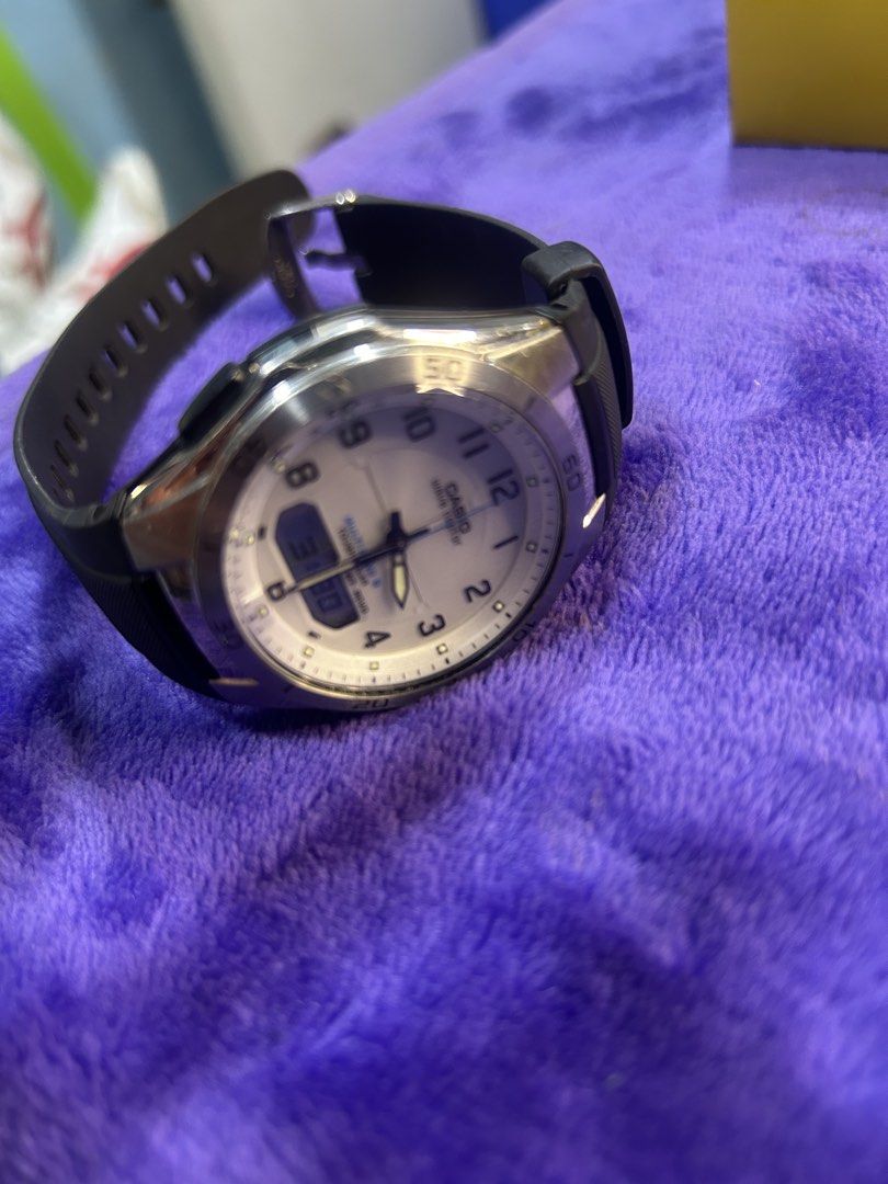 Casio Wave Ceptor Tough Solar Multi Band 6 Watch (Category: Men's Watches) located in Cavite. Submitted by mamamia73 (Listing ID 1469902567, Image 2). Description: - Brand/Model: Casio Wave Ceptor wristwatch - Display: Analog-digital with white dial and Arabic numerals - Power & Sync: Tough Solar powered with Multi Band 6 radio-controlled timekeeping - Build: Durable stainless steel bezel, case back, and black rubber strap - Features: World time 