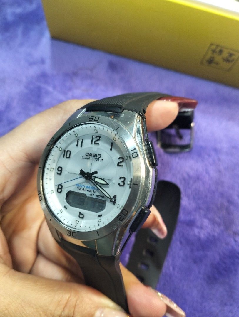 Casio Wave Ceptor Tough Solar Analog Digital Watch (Category: Men's Watches) located in General Mariano Alvarez. Submitted by ma.miafajardo1219 (Listing ID 1469936913, Image 3). Description: - Model: Casio Wave Ceptor Watch - Dial: Clean white dial with analog hands and digital display - Strap: Durable black resin strap - Power: Tough Solar powered (never needs a battery change) - Accuracy: Radio-controlled timekeeping - Condition: Silver bezel h