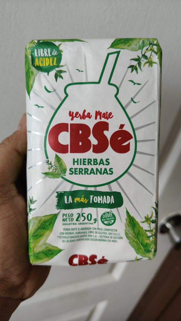 CBSé Hierbas Serranas Yerba Mate 250g (Category: Beverages) located in Manila. Submitted by rossinicalabig (Listing ID 1469945038, Image 1). Description: 500 Pesos - 250 grams NEW STOCK!!! CBSé Hierbas Serranas yerba mate, 250g pack. Blended with poleo, peperina, and mint. Imported from Argentina. Gluten-free, SIN T.A.C.C. certified. Expiry date March 2028. Unopened package, sealed tight with original tax stamp intact. From Sta.Mesa Mla..