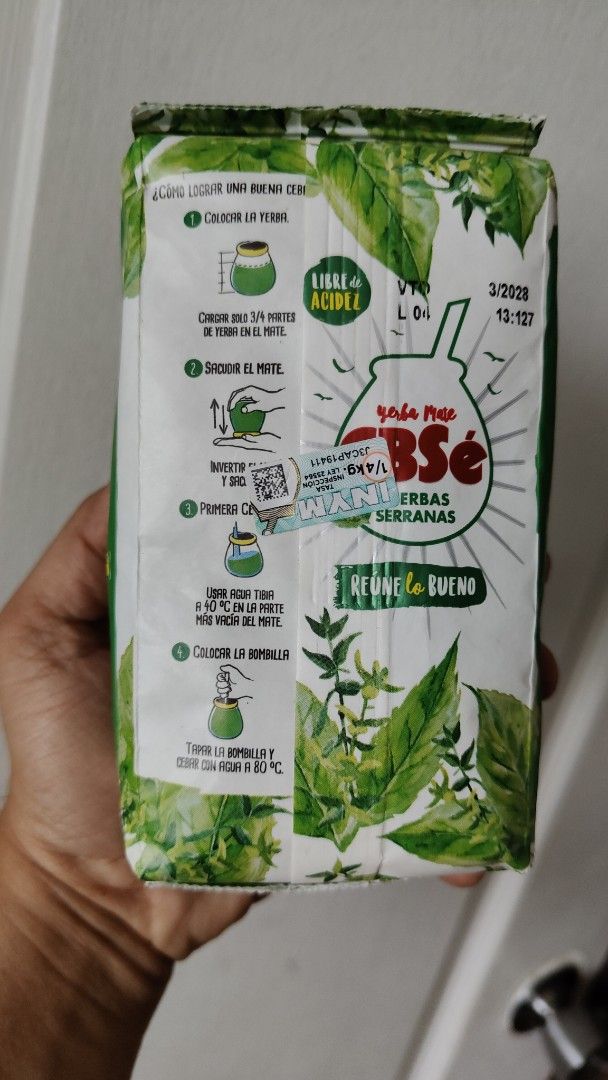 CBSé Hierbas Serranas Yerba Mate 250g (Category: Beverages) located in Manila. Submitted by rossinicalabig (Listing ID 1469945038, Image 2). Description: 500 Pesos - 250 grams NEW STOCK!!! CBSé Hierbas Serranas yerba mate, 250g pack. Blended with poleo, peperina, and mint. Imported from Argentina. Gluten-free, SIN T.A.C.C. certified. Expiry date March 2028. Unopened package, sealed tight with original tax stamp intact. From Sta.Mesa Mla..
