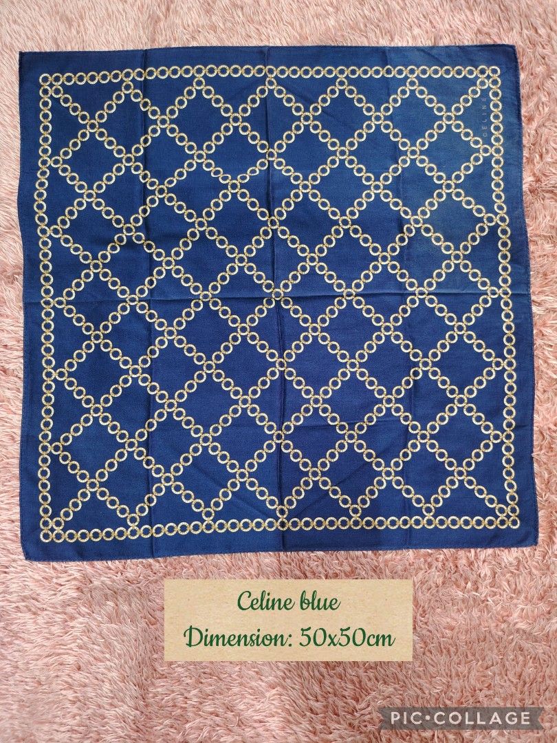 Celine Blue Chain Print Scarf 50x50cm (Category: Other Accessories) located in Valenzuela. Submitted by anna.banana10 (Listing ID 1469786707, Image 1). Description: - Brand: Celine - Design: Blue with gold chain link pattern and integrated logo - Size: 50 x 50 cm (Square) - Material: Smooth, premium fabric - Versatile use: Wear around the neck, tie on a handbag, or style as a hair accessory - Condition: Excellent, well-maintained - Mode of Paymen