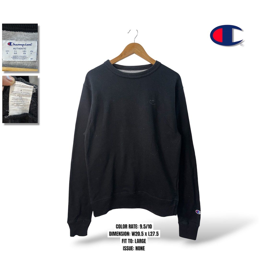 Champion Black Crewneck Sweatshirt Size S (Category: Coats, Jackets and Outerwear) located in Cabagan. Submitted by blessingma81004 (Listing ID 1469759019, Image 1). Description: - Color: Black - Brand: Champion - Size: Fits like a Large (Width: 20.5", Length: 27.5") - Details: Small embroidered chest logo and sleeve patch - Material: 50% cotton, 50% polyester blend.