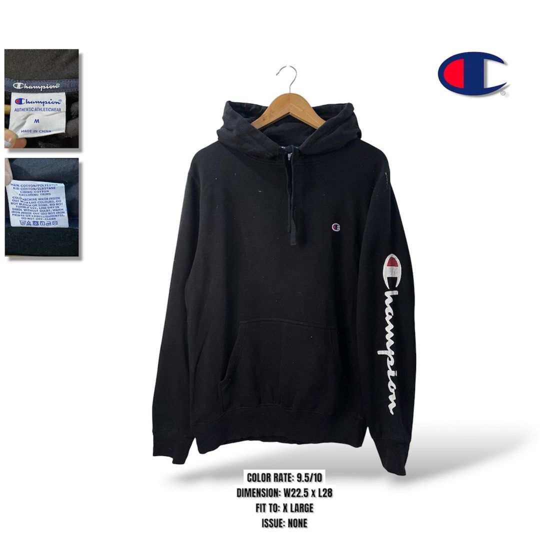 Champion Black Hooded Sweatshirt Size M (Category: Hoodies) located in Cabagan. Submitted by blessingma81004 (Listing ID 1469759310, Image 1). Description: Black Champion hoodie with sleeve branding and embroidered chest logo. Adjustable drawstring hood and front pouch pocket. Cotton and polyester blend material. Tag says size M, fits like extra large with width 22.5 and length 28 inches. Great everyday piece, super warm and comfortable..