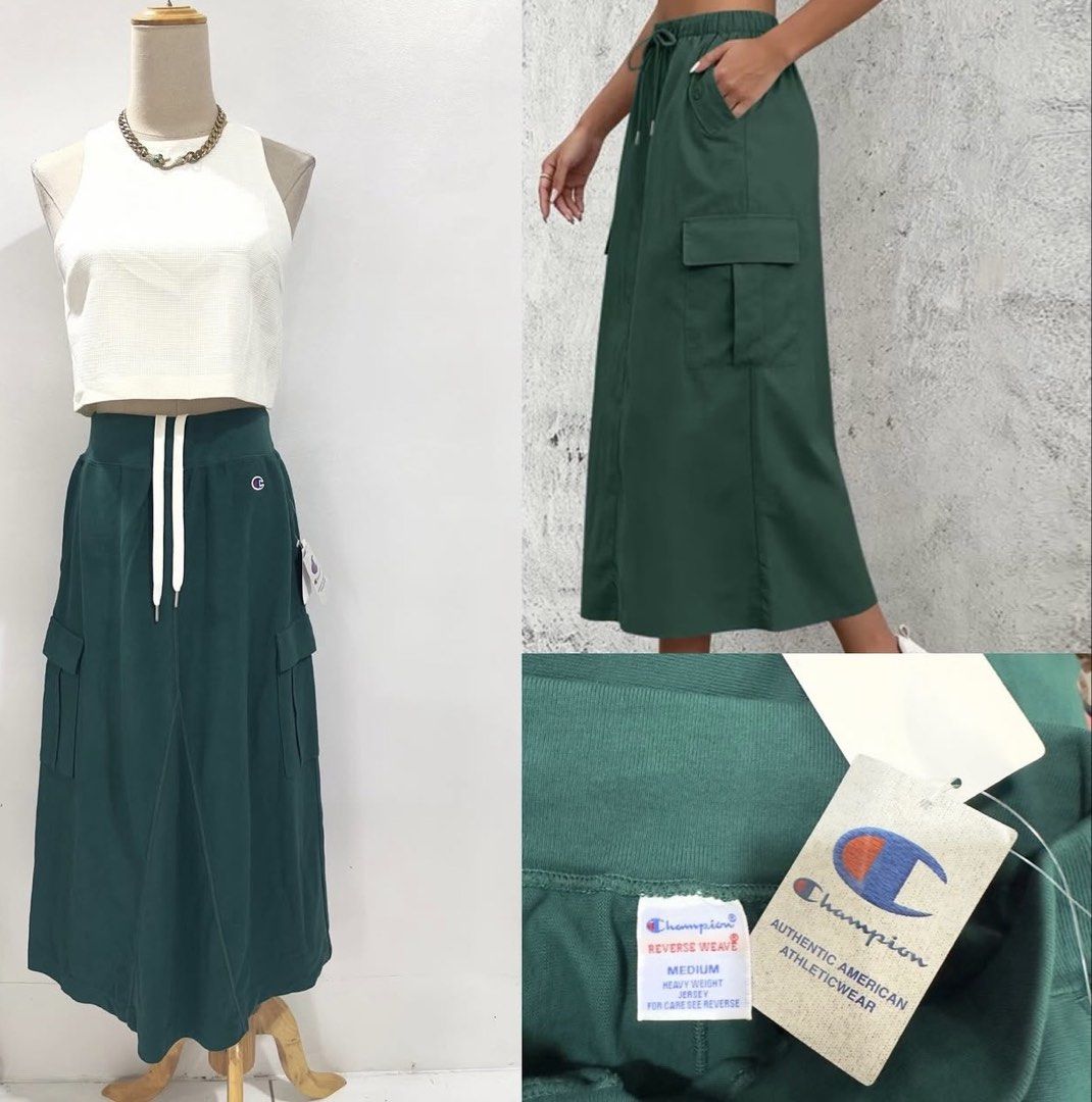 Champion Reverse Weave Cargo Midi Skirt Green (Category: Skirts) located in Bacolod City. Submitted by bhabissagal-05763 (Listing ID 1469816318, Image 1). Description: - Brand: Champion Reverse Weave - Style: Cargo skirt with midi length and slight front slit - Color: Dark Green - Size: Medium - Material: Premium heavyweight jersey fabric - Features: Drawstring waistband with white cords and functional side cargo pockets - Condition: Brand new wi