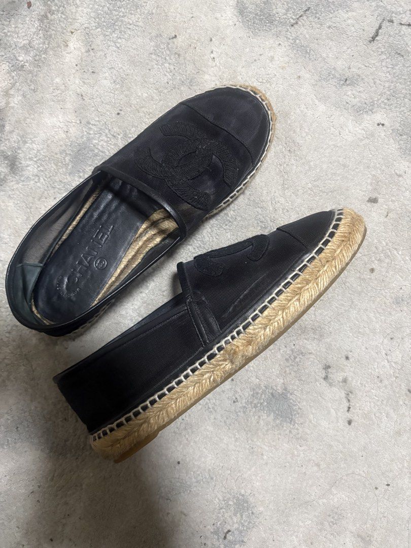 Chanel Black Mesh CC Espadrilles Size 39 (Category: Flats & Sandals) located in Quezon City. Submitted by chiquiglee (Listing ID 1469942424, Image 2). Description: - Brand: Chanel - Style: Slip-on espadrilles - Color: Classic Black - Size: EU 39 (Stamped on soles) - Material: Breathable mesh upper, leather insole, traditional jute midsole, and durable rubber outsole - Design details: Iconic embroidered CC logo on toes, quilted pattern on outsole 
